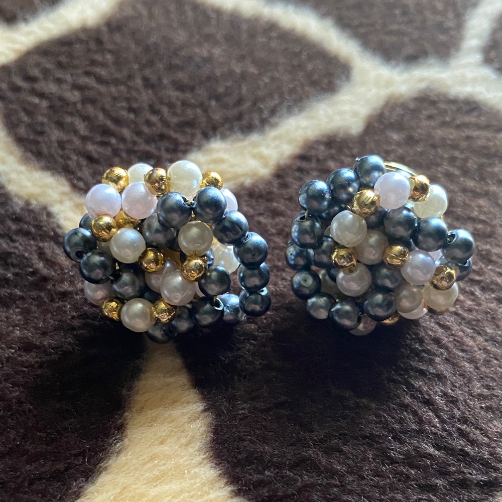Caren Charles Vintage Black, Cream, and Gold Tone Cluster Earrings
